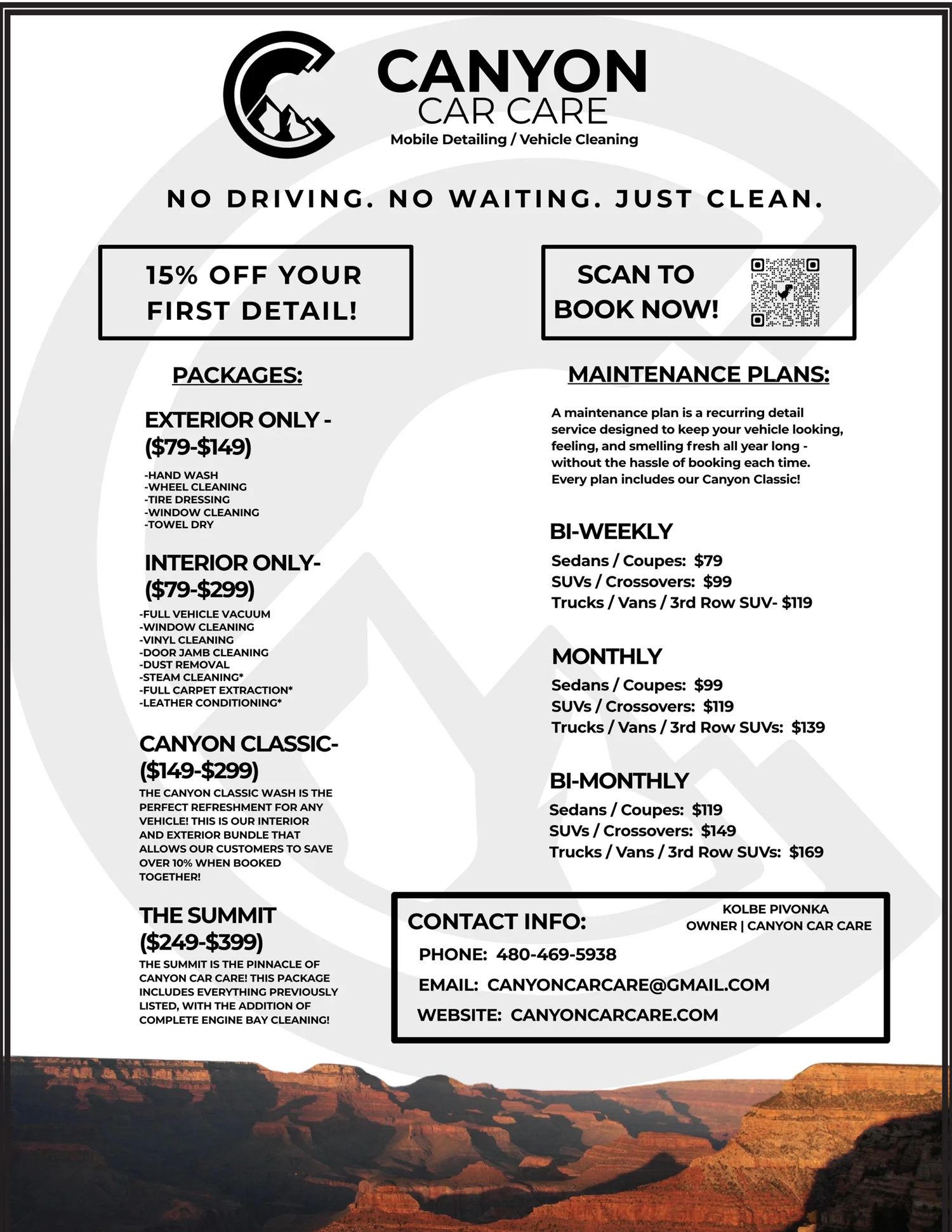 Canyon Car Care packages and maintenance plans menu